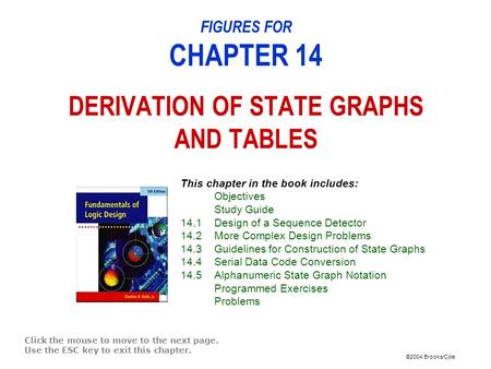 ©2004 Brooks/Cole FIGURES FOR CHAPTER 14 DERIVATION OF STATE GRAPHS AND TABLES Click the mouse to move to the next page. Use the ESC key to exit this chapter.