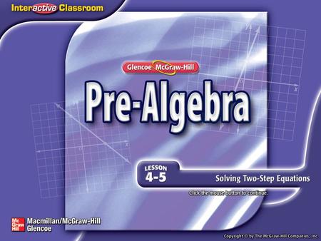 Splash Screen. Lesson Menu Then/Now New Vocabulary Example 1:Solve a Two-Step Equation Example 2:Solve a Two-Step Equation Example 3:Equations with Negative.