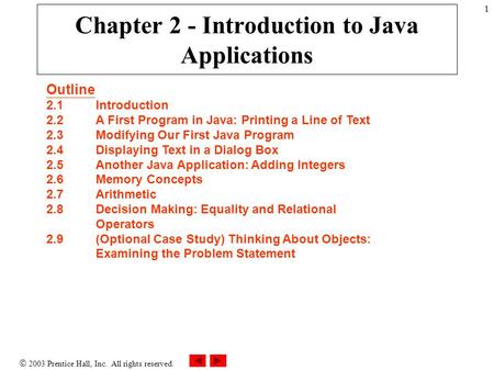  2003 Prentice Hall, Inc. All rights reserved. 1 Chapter 2 - Introduction to Java Applications Outline 2.1Introduction 2.2A First Program in Java: Printing.