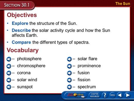 Objectives Vocabulary Explore the structure of the Sun.