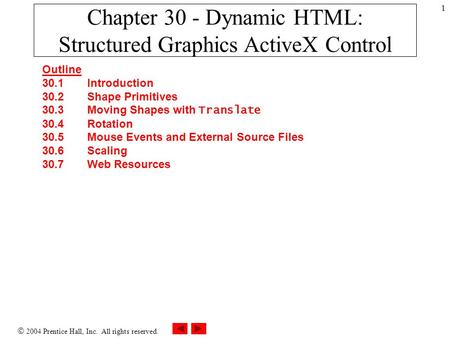  2004 Prentice Hall, Inc. All rights reserved. 1 Chapter 30 - Dynamic HTML: Structured Graphics ActiveX Control Outline 30.1Introduction 30.2Shape Primitives.