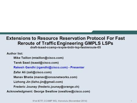 1 Extensions to Resource Reservation Protocol For Fast Reroute of Traffic Engineering GMPLS LSPs draft-tsaad-ccamp-rsvpte-bidir-lsp-fastreroute-05 Author.