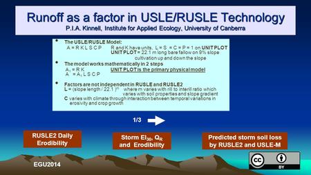 Runoff as a factor in USLE/RUSLE Technology P.I.A. Kinnell, Institute for Applied Ecology, University of Canberra The USLE/RUSLE Model: A = R K L S C P.