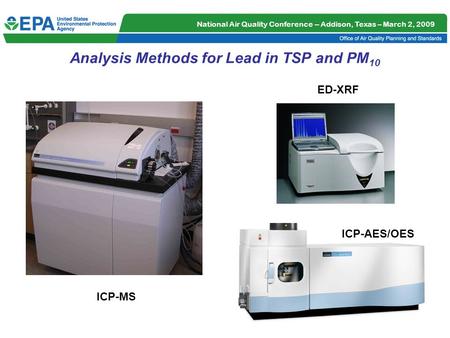 National Air Quality Conference -- Addison, Texas – March 2, 2009 1 Analysis Methods for Lead in TSP and PM 10 ICP-MS ICP-AES/OES ED-XRF.