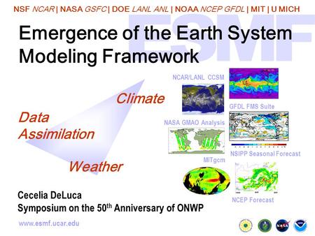NSF NCAR | NASA GSFC | DOE LANL ANL | NOAA NCEP GFDL | MIT | U MICH www.esmf.ucar.edu Emergence of the Earth System Modeling Framework NSIPP Seasonal Forecast.