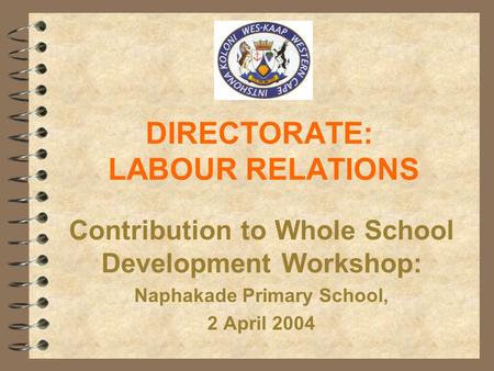 DIRECTORATE: LABOUR RELATIONS Contribution to Whole School Development Workshop: Naphakade Primary School, 2 April 2004.