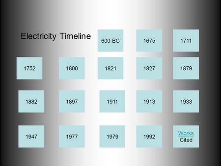 1827 1882 19471992 1752 1977 1711 187918211800 1897 1979 1911 1675 19131933 Electricity Timeline Works Cited 600 BC.