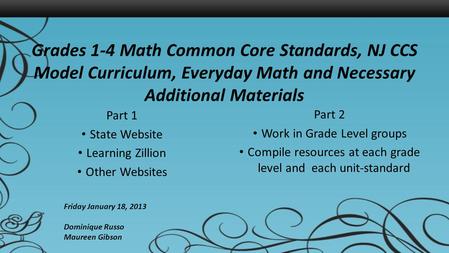 Grades 1-4 Math Common Core Standards, NJ CCS Model Curriculum, Everyday Math and Necessary Additional Materials Part 1 State Website Learning Zillion.