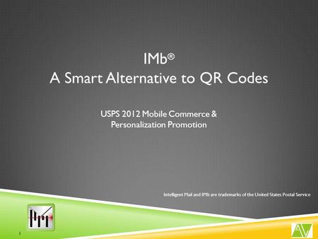USPS 2012 Mobile Commerce & Personalization Promotion 1 IMb ® A Smart Alternative to QR Codes Intelligent Mail and IMb are trademarks of the United States.
