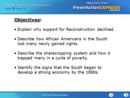 Objectives: Explain why support for Reconstruction declined.