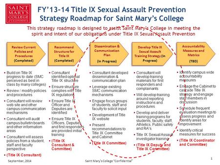 FY’13-14 Title IX Sexual Assault Prevention Strategy Roadmap for Saint Mary’s College Dissemination & Communication Plan (In Progress) Dissemination &