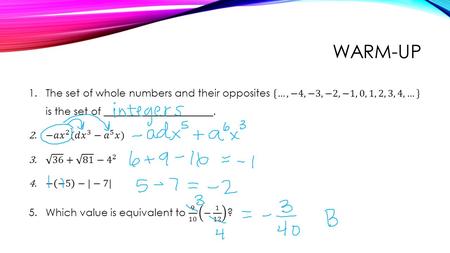 WARM-UP. LESSON 16: SIMPLIFYING AND EVALUATING VARIABLE EXPRESSIONS Expressions and Equations.