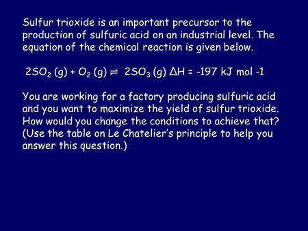 Sulfur trioxide is an important precursor to the production of sulfuric acid on an industrial level. The equation of the chemical reaction is given below.