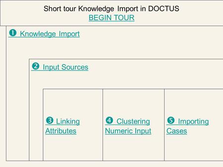  Knowledge Import  Input Sources  Linking Attributes  Importing Cases Short tour Knowledge Import in DOCTUS BEGIN TOUR  Clustering Numeric Input.