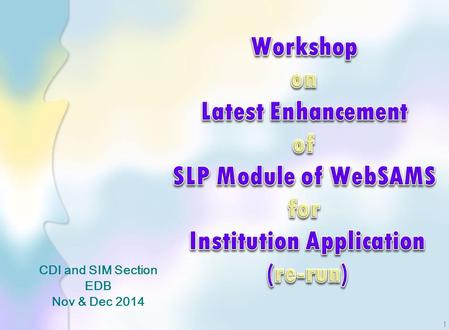 CDI and SIM Section EDB Nov & Dec 2014 1. Programme Description Objectives Helpdesk Gentle Reminder Students’ Access to SLP Module SLP Module – JUPAS.