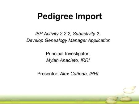 Pedigree Import IBP Activity 2.2.2, Subactivity 2: Develop Genealogy Manager Application Principal Investigator: Mylah Anacleto, IRRI Presentor: Alex Cañeda,