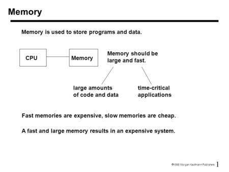 Memory Memory is used to store programs and data. CPU Memory