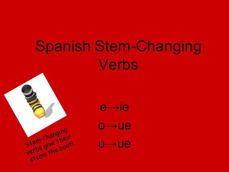 Spanish Stem-Changing Verbs e→ie o→ue u→ue Stem-changing verbs give their stems the boot!