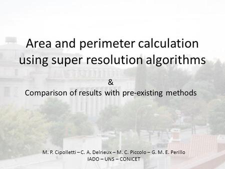 Area and perimeter calculation using super resolution algorithms M. P. Cipolletti – C. A. Delrieux – M. C. Piccolo – G. M. E. Perillo IADO – UNS – CONICET.