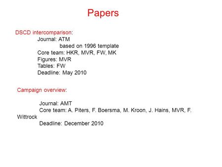 Papers DSCD intercomparison: Journal: ATM based on 1996 template Core team: HKR, MVR, FW, MK Figures: MVR Tables: FW Deadline: May 2010 Campaign overview: