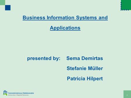 1 Business Information Systems and Applications presented by:Sema Demirtas Stefanie Müller Patricia Hilpert.