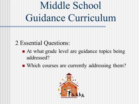 Middle School Guidance Curriculum 2 Essential Questions: At what grade level are guidance topics being addressed? Which courses are currently addressing.