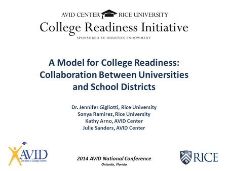 2014 AVID National Conference Orlando, Florida A Model for College Readiness: Collaboration Between Universities and School Districts Dr. Jennifer Gigliotti,