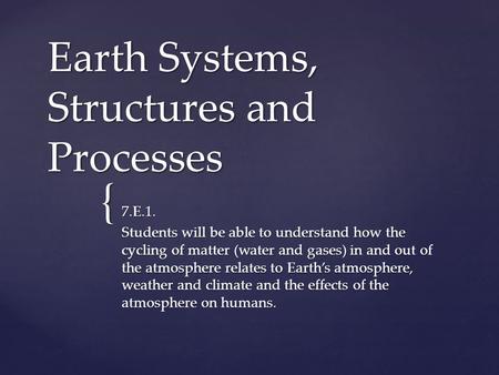 { Earth Systems, Structures and Processes 7.E.1. Students will be able to understand how the cycling of matter (water and gases) in and out of the atmosphere.
