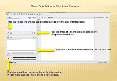 Quick Orientation to Elluminate Features Use the green check and the red check to give the presenter feedback. Type your comments and questions in the.