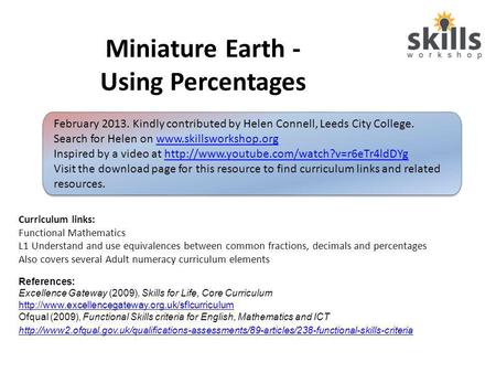 Miniature Earth - Using Percentages February 2013. Kindly contributed by Helen Connell, Leeds City College. Search for Helen on www.skillsworkshop.orgwww.skillsworkshop.org.