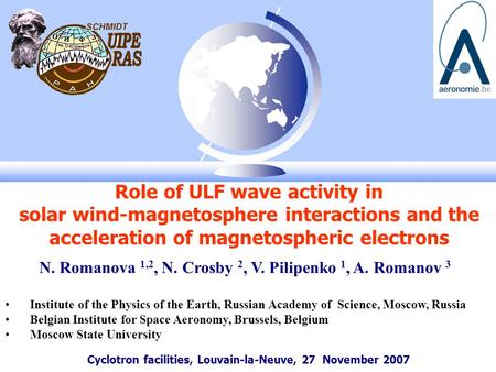 Cyclotron facilities, Louvain-la-Neuve, 27 November 2007 Role of ULF wave activity in solar wind-magnetosphere interactions and the acceleration of magnetospheric.
