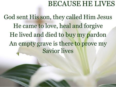 BECAUSE HE LIVES God sent His son, they called Him Jesus He came to love, heal and forgive He lived and died to buy my pardon An empty grave is there to.