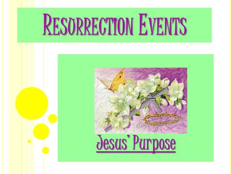 R ESURRECTION E VENTS Jesus’ Purpose T ODAY ’ S B IBLE V ERSE T ODAY ’ S B IBLE V ERSE He is not here; he has risen, just as he said. Come and see the.