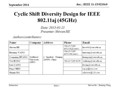 Cyclic Shift Diversity Design for IEEE aj (45GHz)