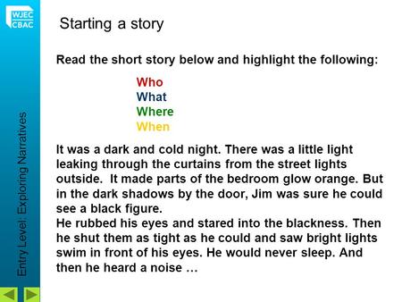 Read the short story below and highlight the following: Who What Where When It was a dark and cold night. There was a little light leaking through the.