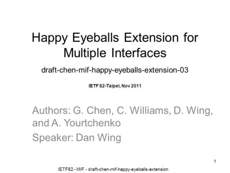 Happy Eyeballs Extension for Multiple Interfaces draft-chen-mif-happy-eyeballs-extension-03 IETF 82-Taipei, Nov 2011 1 IETF82 - MIF - draft-chen-mif-happy-eyeballs-extension.