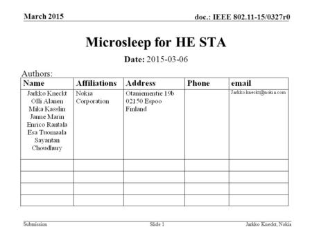 Submission doc.: IEEE 802.11-15/0327r0 March 2015 Jarkko Kneckt, NokiaSlide 1 Microsleep for HE STA Date: 2015-03-06 Authors: