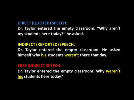 DIRECT (QUOTED) SPEECH: Dr. Taylor entered the empty classroom. “Why aren’t my students here today?” he asked. INDIRECT (REPORTED) SPEECH: Dr. Taylor entered.