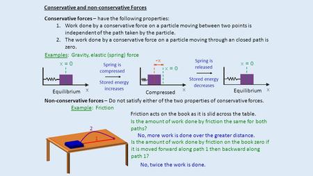 Conservative and non-conservative Forces Conservative forces – have the following properties: 1.Work done by a conservative force on a particle moving.
