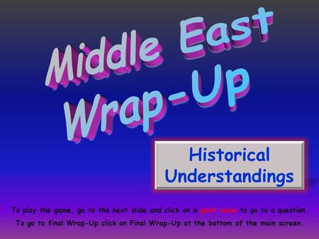 Historical Understandings To play the game, go to the next slide and click on a point value to go to a question. To go to final Wrap-Up click on Final.