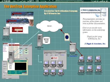 The VeriTrak Enterprise Application Created for The Verification Company By CTO Source, Inc. This presentation provides an overview of the system and links.