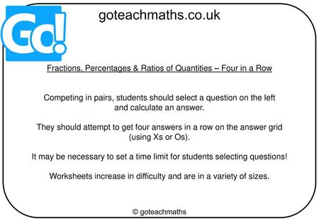 Fractions, Percentages & Ratios of Quantities – Four in a Row