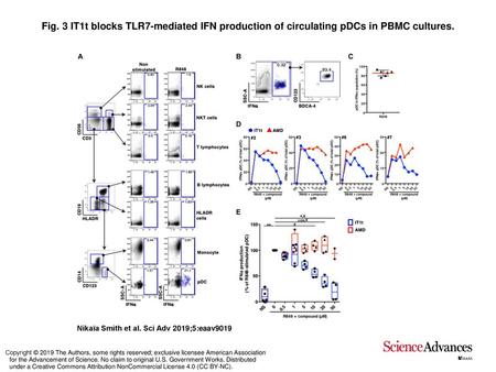 Fig. 3 IT1t blocks TLR7-mediated IFN production of circulating pDCs in PBMC cultures. IT1t blocks TLR7-mediated IFN production of circulating pDCs in PBMC.