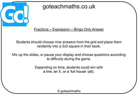 Fractions – Expression – Bingo Only Answer