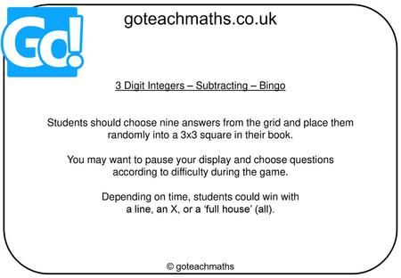 3 Digit Integers – Subtracting – Bingo