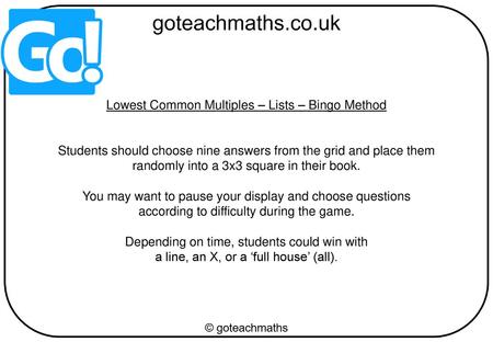 Lowest Common Multiples – Lists – Bingo Method