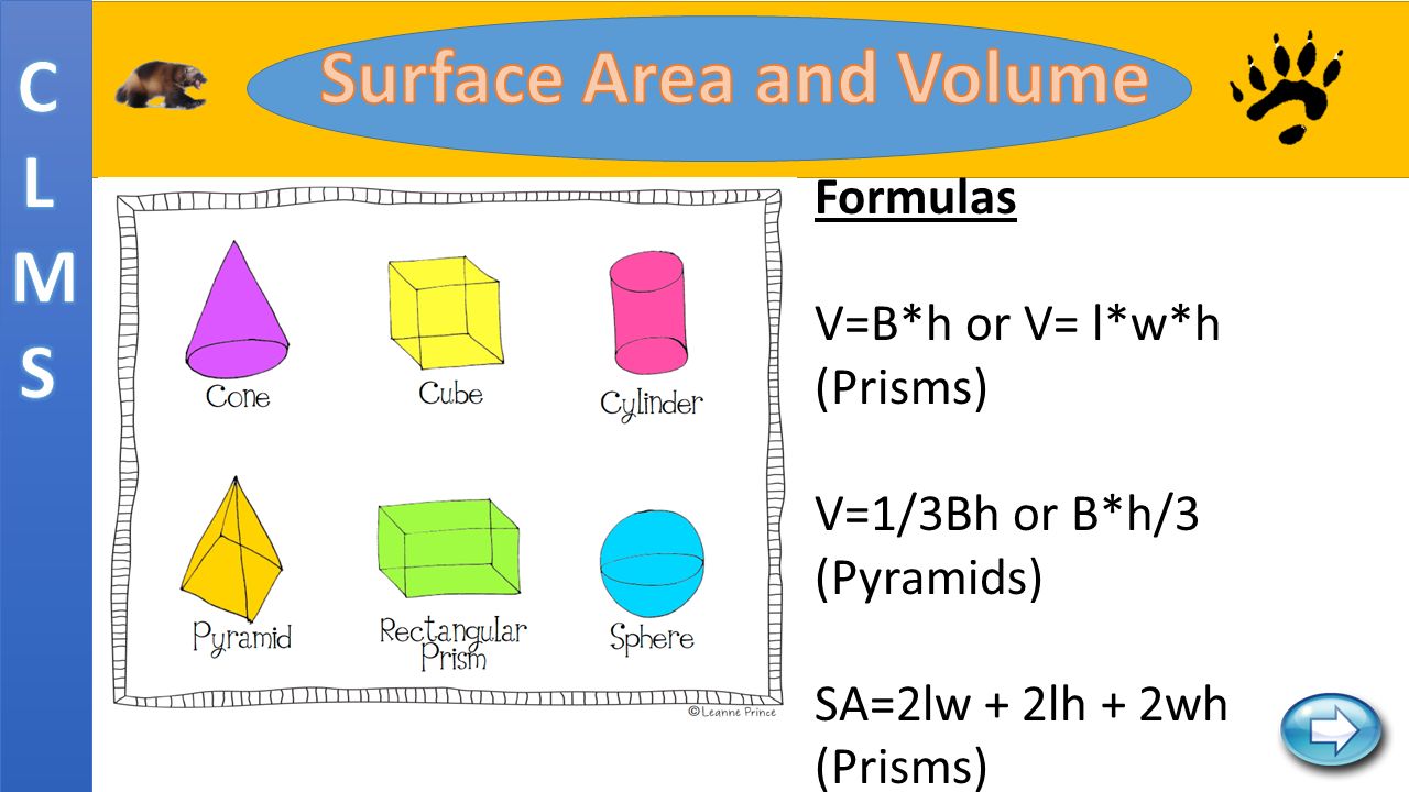 Formulas V B H Or V L W H Prisms V 1 3bh Or B H 3 Pyramids Sa 2lw 2lh 2wh Prisms Ppt Download