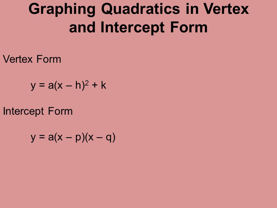 Graphing Quadratics In Vertex And Intercept Form Vertex Form Y A X H 2 K Intercept Form Y A X P X Q Ppt Download