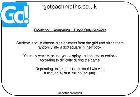 Fractions – Comparing – Bingo Only Answers