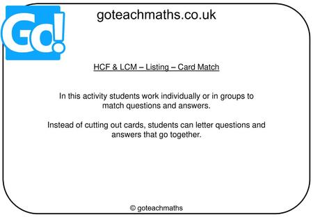 HCF & LCM – Listing – Card Match